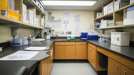 A clean laboratory space with counters, storage, and equipment for scientific work.