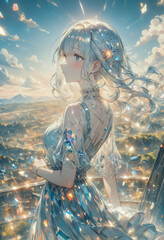 高い塔の上に立ち光に輝くドレスを着た美しい女性,AI画像,Generative AI