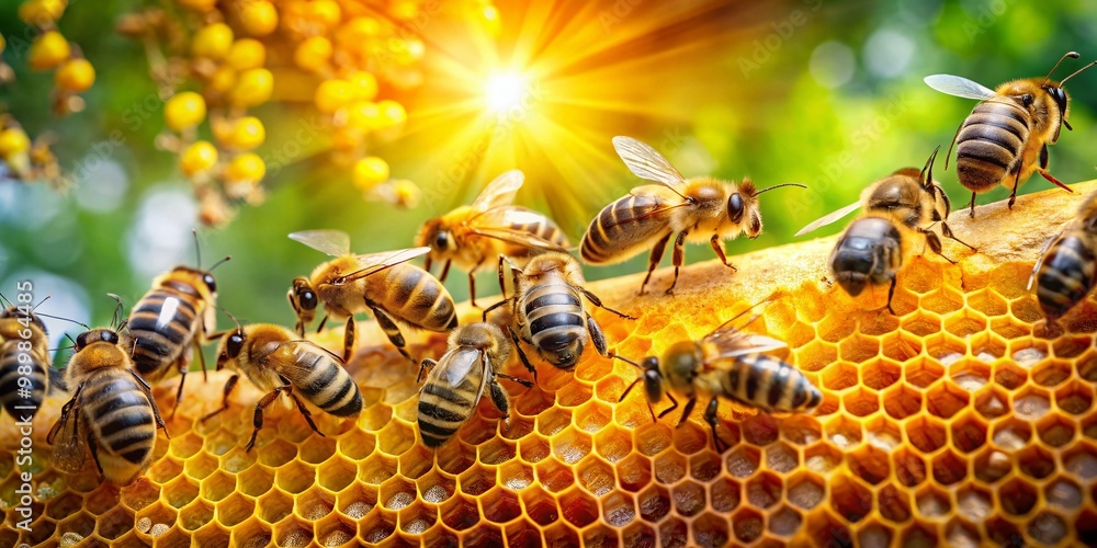 Poster close-up of honeycomb with bees collecting nectar in a natural beehive environment in springtime