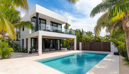 Fototapeta premium Modern two-story villa with white walls and black accents, surrounded by palm trees. The swimming pool is in the foreground of an outdoor lounge area.