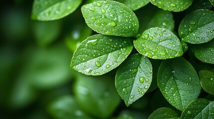 Close-up of lush green leaves covered in glistening raindrops, showcasing the vibrant beauty of nature after a refreshing shower.