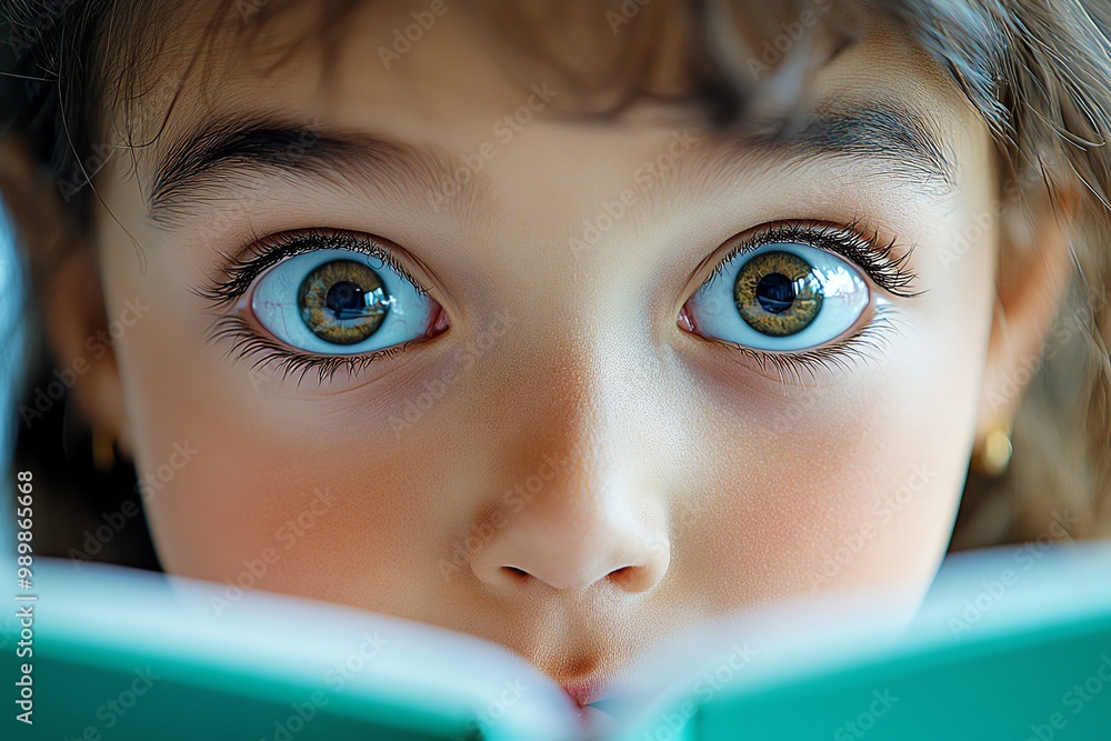 Poster A hyper-realistic close-up of a childâ€™s face while reading, showing every detail of their expression as they are captivated by the story