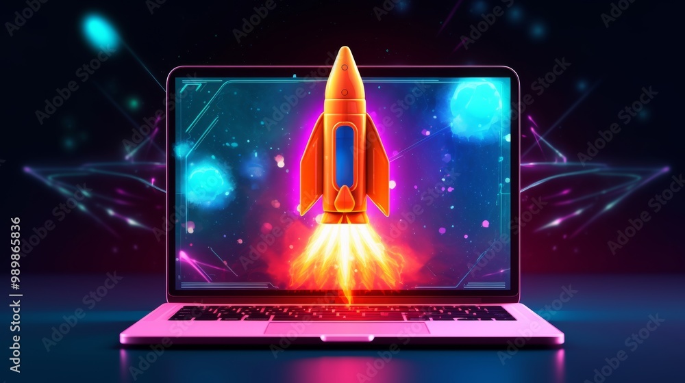 Poster a computer monitor shows a rocket launching into space
