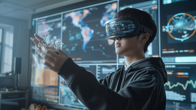 a student with virtual reality technology using artificial intelligence for advanced learning in modern classroom, VR headset for futuristic machine learning 