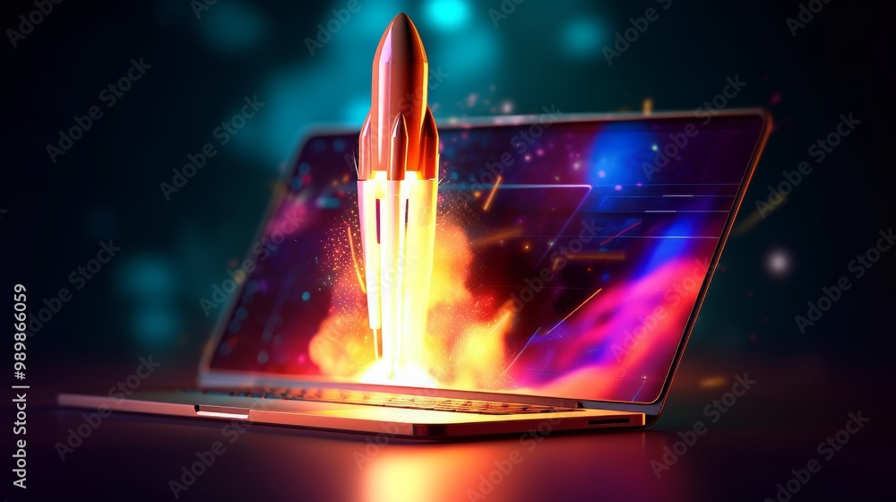 Poster a laptop computer with a rocket on the screen