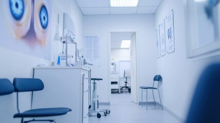 A clean, modern clinic interior with medical equipment and chairs.
