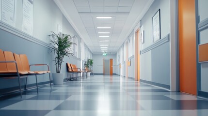 A clean, modern hospital corridor with orange doors and waiting area chairs.