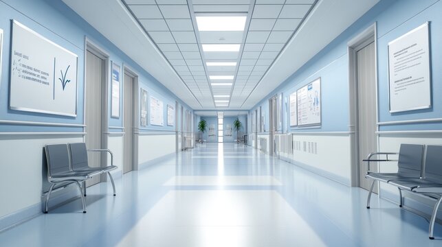 A clean, modern hospital corridor with benches and informational posters on the walls.