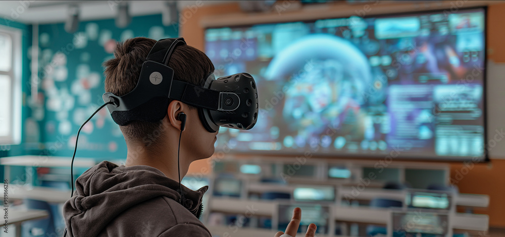 Poster a student with virtual reality technology using artificial intelligence for advanced learning in mod