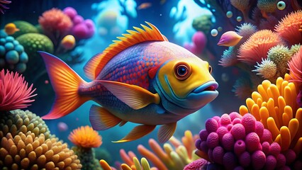 Obraz premium Colorful animated fish character from an ocean adventure film swimming in vibrant coral reef waters