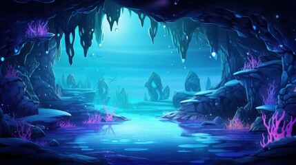 Underwater Cave with Bioluminescent Coral and Glowing Water
