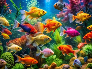 Fototapeta premium Colorful Aquarium Fish Swimming Gracefully in a Vibrant Underwater Habitat with Decorative Plants