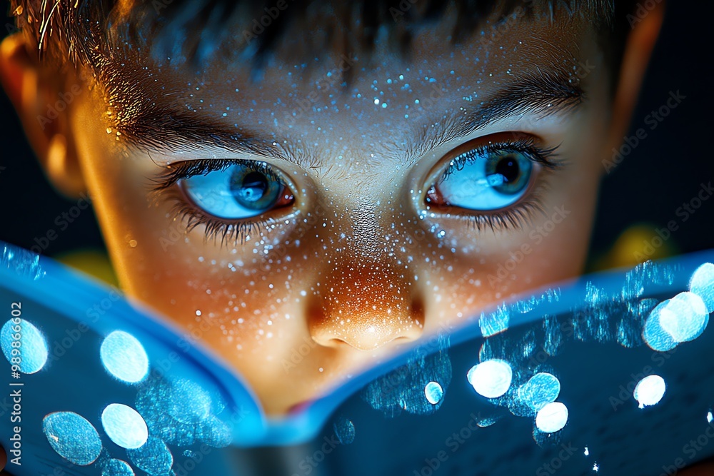 Poster A hyper-realistic close-up of a childâ€™s face while reading, showing every detail of their expression as they are captivated by the story