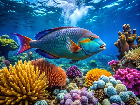 Colorful Barberfish Swimming in Vibrant Coral Reef with Clear Blue Water in Tropical Ocean Environment