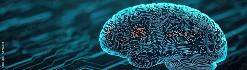 Poster a futuristic representation of a brain interconnected with circuitry, symbolizing artificial intelli