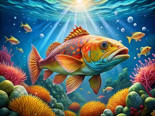 Fototapeta premium Colorful Cartoon Cod Fish Swimming in the Ocean with Bubbles and Coral Reef Background Illustration