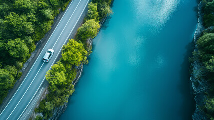 aerial view of a car driving on road with a beautiful blue water lake, relaxing drive or tourism concept 