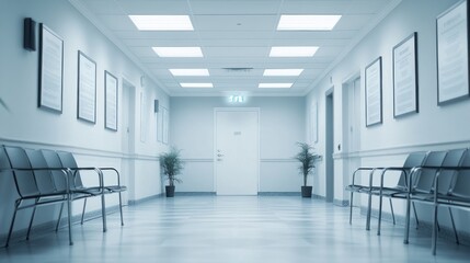 Obraz premium A clean, well-lit hospital corridor with seating and plants, suggesting a medical environment.