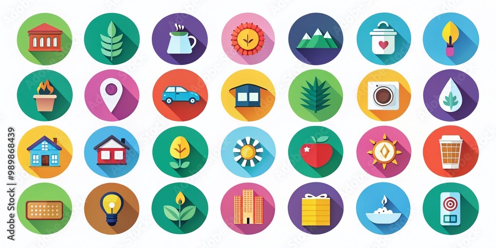 Poster colorful collection of icons representing various concepts in a modern flat design style