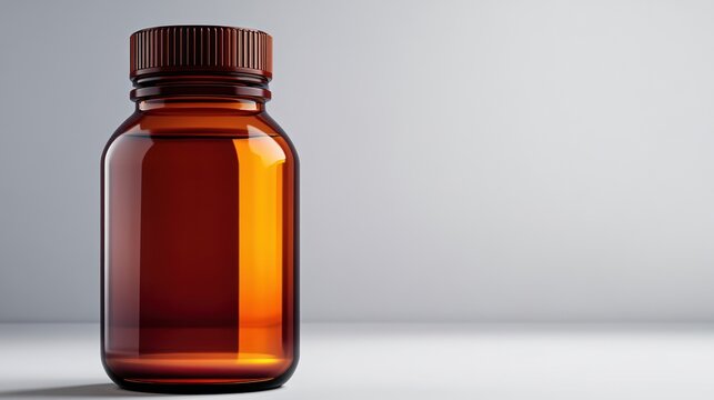 A clear amber glass bottle, commonly used for storing liquids or supplements. - Powered by Adobe