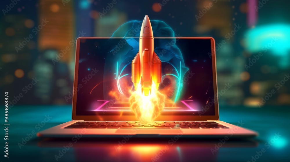 Poster a laptop computer with a rocket on the screen