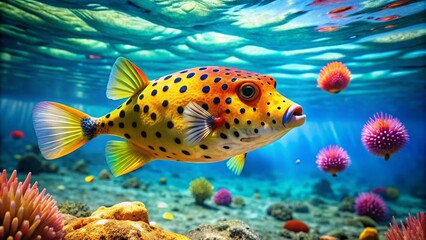 Fototapeta premium Colorful Cubefish Swimming in Clear Tropical Waters, Showcasing Vibrant Patterns and Unique Shape