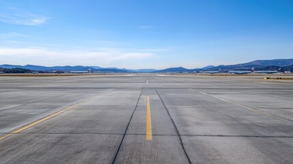 Fototapeta premium A clear view of an airport runway extending towards distant mountains under a blue sky.