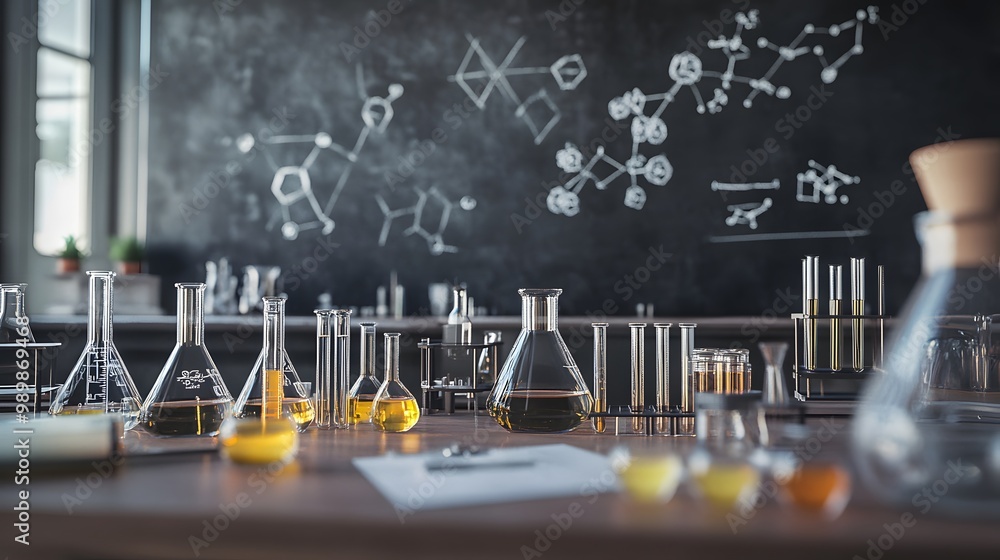 Poster chemical lab experiment with flasks and test tubes on a table
