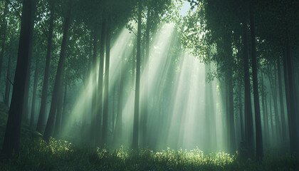 Fototapeta premium Tall, misty trees with sunlight streaming through the branches, creating a magical and mysterious forest atmosphere