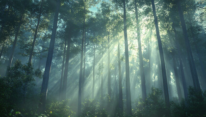 Fototapeta premium Tall, misty trees with sunlight streaming through the branches, creating a magical and mysterious forest atmosphere