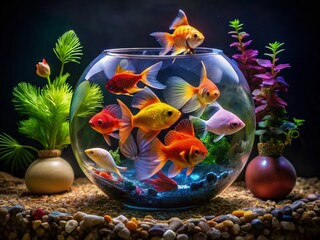 Colorful Fishes Swimming Gracefully in a Clear Fish Bowl with Decorative Stones and Plants Inside