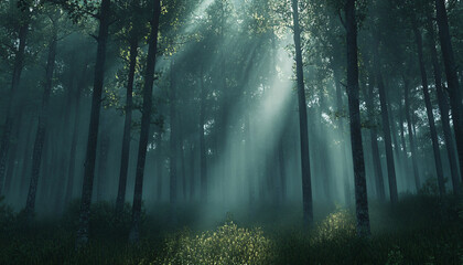 Fototapeta premium Tall, misty trees with sunlight streaming through the branches, creating a magical and mysterious forest atmosphere