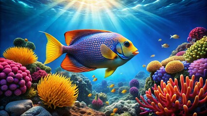 Obraz premium Colorful Fluke Fish Swimming Underwater in Clear Blue Ocean Water Surrounded by Coral Reefs