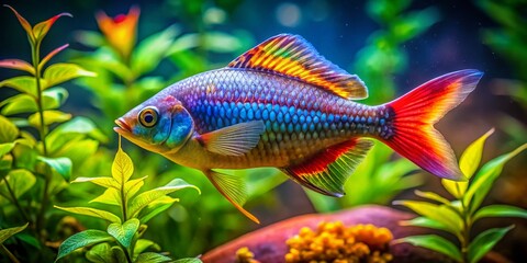 Fototapeta premium Colorful freshwater fish swimming in a vibrant aquarium environment with aquatic plants and decor