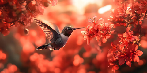 Obraz premium Hummingbird hovering near vibrant red flowers