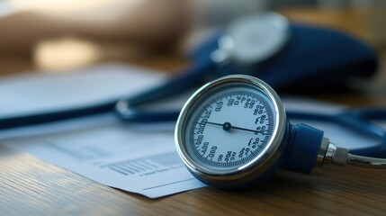 A close-up of a blood pressure monitor on a table with documents in the background.