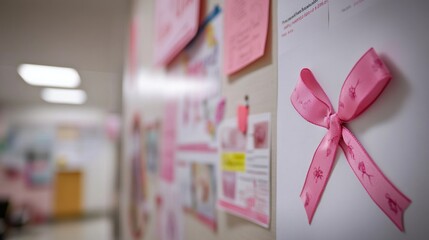 A close-up of a bulletin board with pink decorations and notes, promoting awareness.
