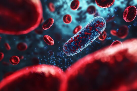 Pathogenic bacteria in the bloodstream with red blood cells illustrating the concept of septicemia and sepsis