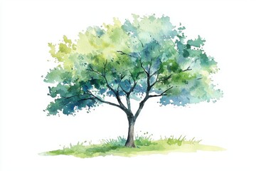 Obraz premium A beautifully painted watercolor tree, showcasing vibrant greens and tranquil aesthetics, perfect for nature-themed designs.