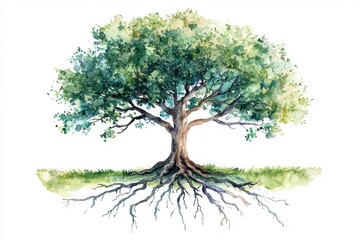 A beautifully detailed watercolor painting of a tree with lush leaves and visible roots, symbolizing life and nature.
