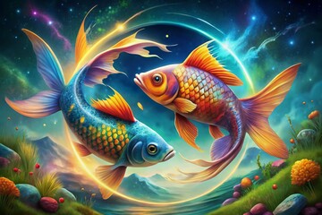 Fototapeta premium Colorful illustration of the fish zodiac symbol representing the astrological sign of Pisces in art