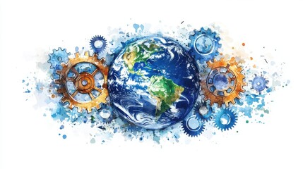 A colorful illustration of the Earth surrounded by vibrant gears, representing innovation and global collaboration.