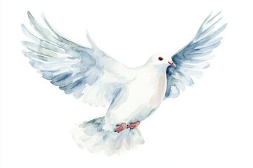Obraz premium A graceful white dove in flight, symbolizing peace and tranquility, with soft watercolor details and delicate wings.