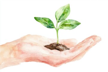 A hand cradling a small plant symbolizes growth, care, and environmental sustainability in a delicate watercolor style.