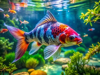 Fototapeta premium Colorful Japanese Tai Fish Swimming Gracefully in Clear Water, Showcasing Vibrant Scales and Fins