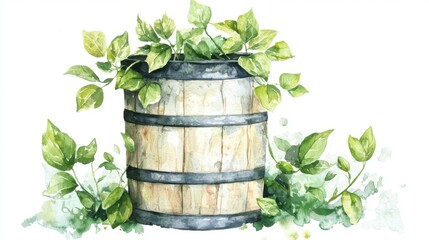 A rustic wooden barrel adorned with vibrant green leaves, blending nature with vintage charm, perfect for eco-friendly themes.