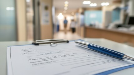 A close-up of a form on a desk in a healthcare setting, with a pen and blurred background.