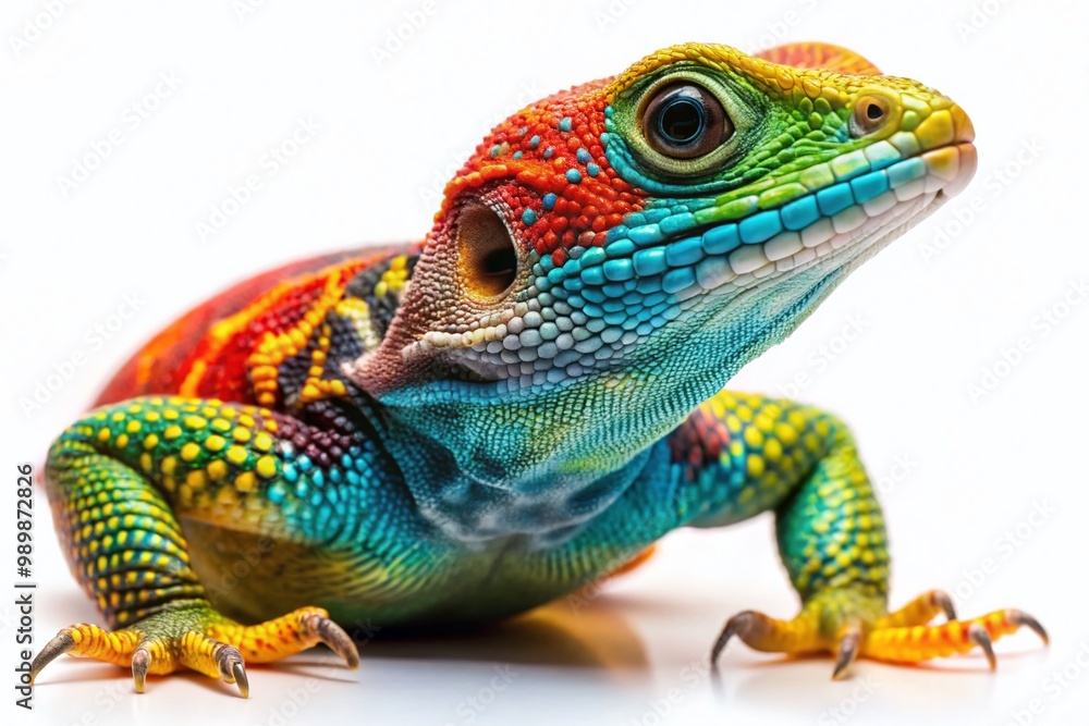 Poster Colorful lizard isolated on a white background showcasing intricate patterns and unique textures
