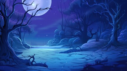 A moonlit forest with gnarled trees and a mysterious path.
