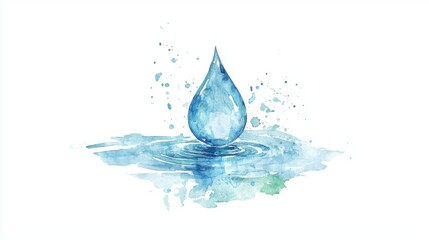 A serene watercolor illustration of a blue water drop splashing in a calm pool, symbolizing purity and tranquility.